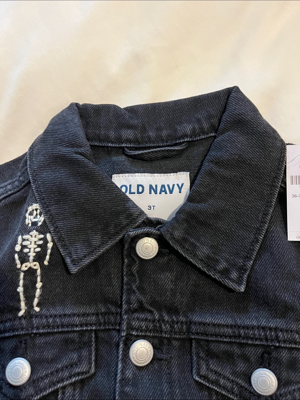 NWT Old Navy Black Denim Kids Jacket with White Skeleton Embroidery - Picture 3 of 7